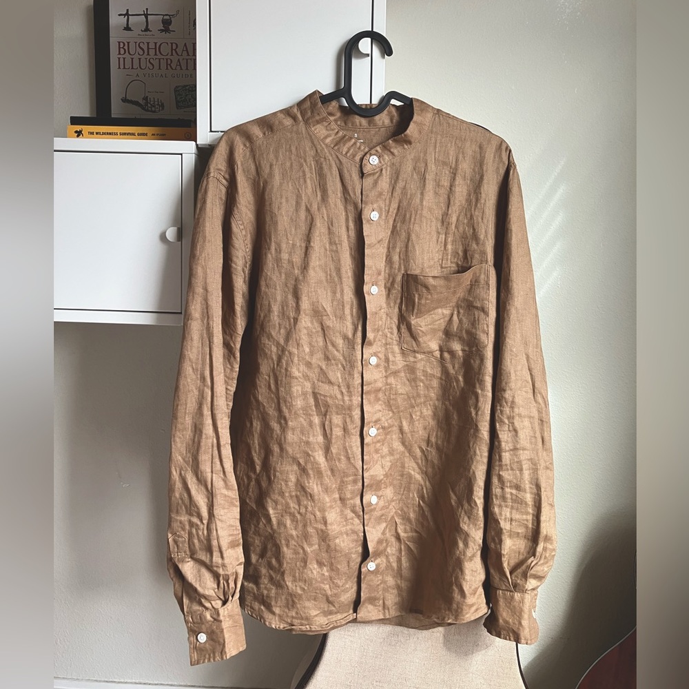 Muji Men’s Collar-less long sleeve linen shirt